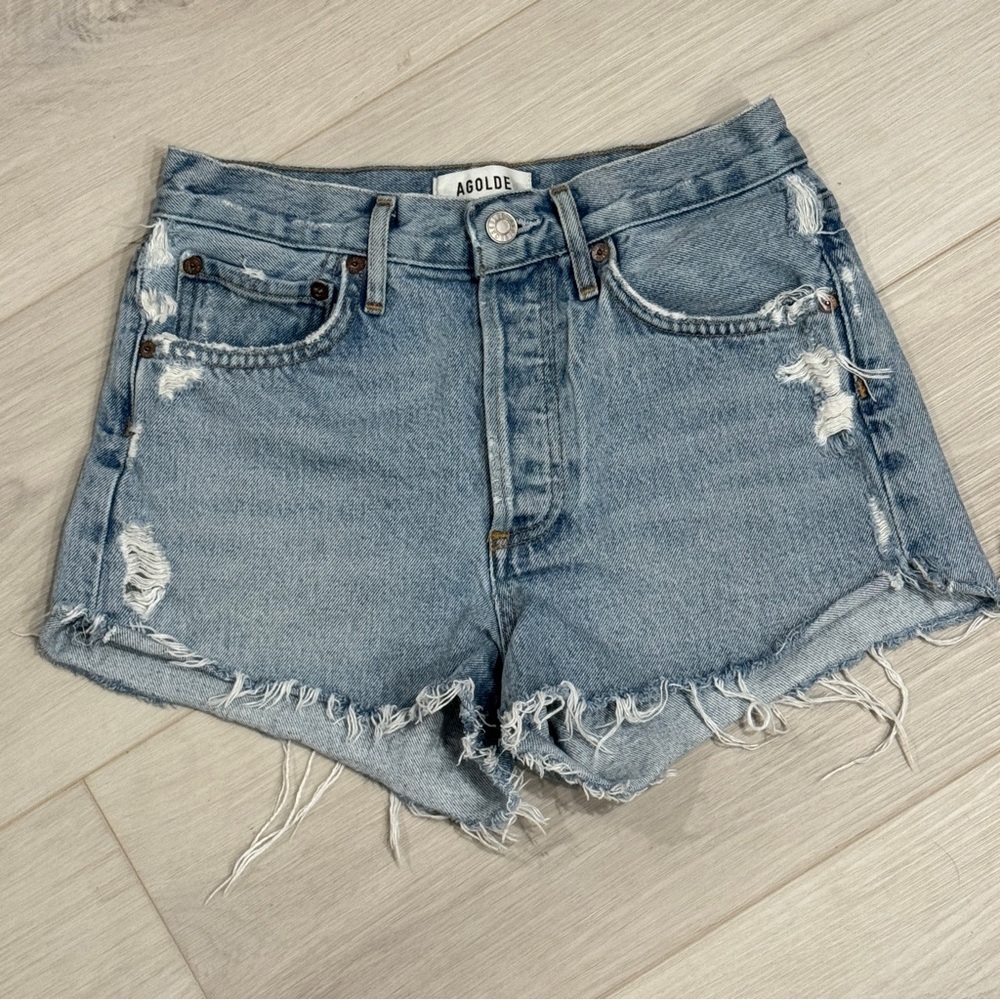 Agolde Parker Denim Cutoff Distressed Jean Button Fly Shorts Frayed Hem Blue 23
